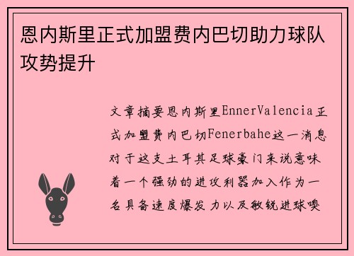 恩内斯里正式加盟费内巴切助力球队攻势提升
