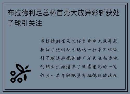 布拉德利足总杯首秀大放异彩斩获处子球引关注 布拉德利足总杯首秀大放异彩斩获处子球引关注